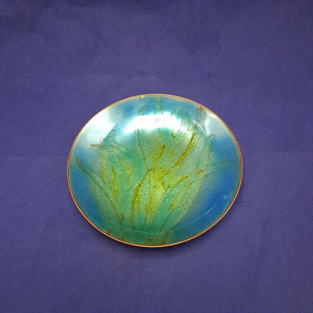 Signed Enamel On Copper Plate Dish Abstract Art  Signed H Dankoff